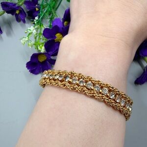 Vintage Gold and Silver Plated Crystal Tennis Bracelet with Safety Chain